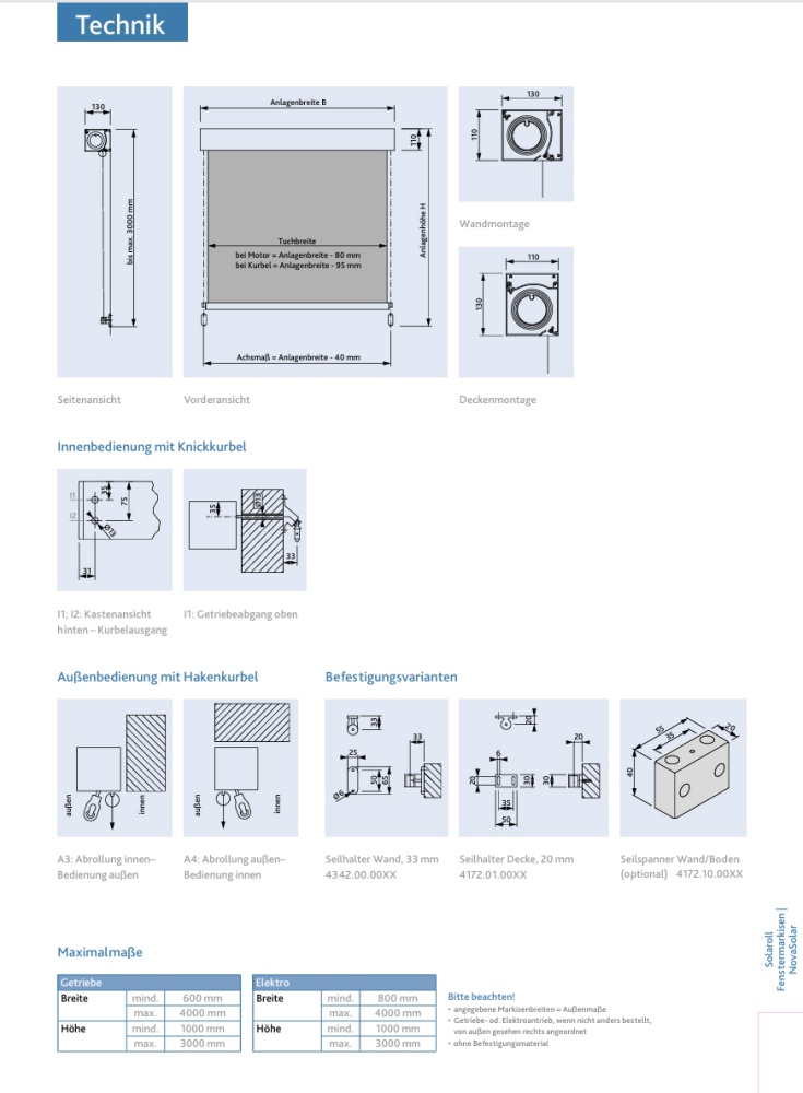 Nova Hüppe Solaroll SE11 Senkrechtmarkise Maße